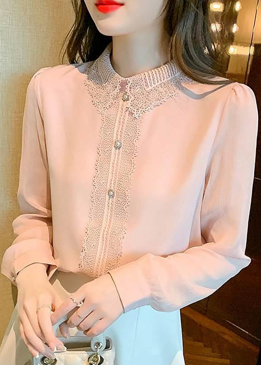 Boutique Pink Peter Pan Collar Lace Patchwork Cotton Shirt Top Spring