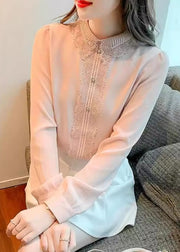 Boutique Pink Peter Pan Collar Lace Patchwork Cotton Shirt Top Spring