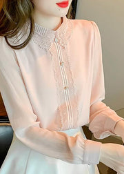 Boutique Pink Peter Pan Collar Lace Patchwork Cotton Shirt Top Spring