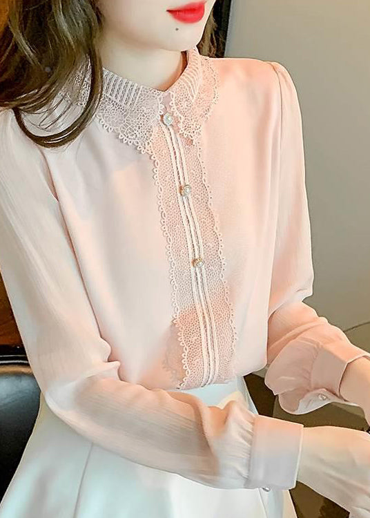 Boutique Pink Peter Pan Collar Lace Patchwork Cotton Shirt Top Spring