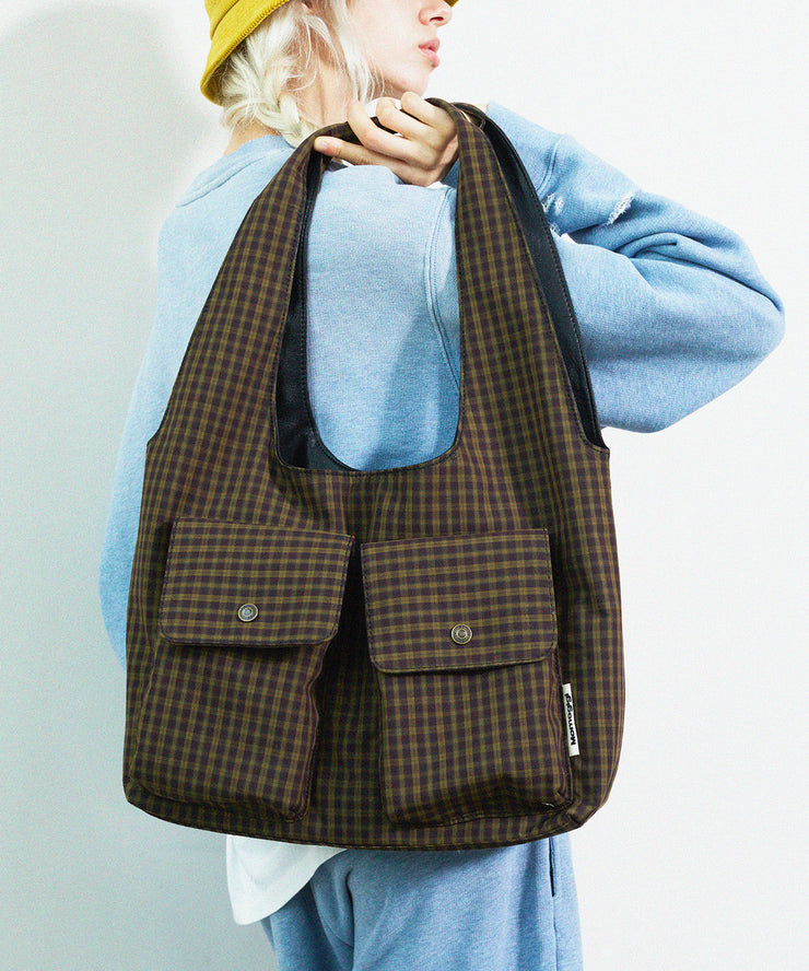 Boutique Plaid Pockets Canvas Large Capacity Shoulder Bag