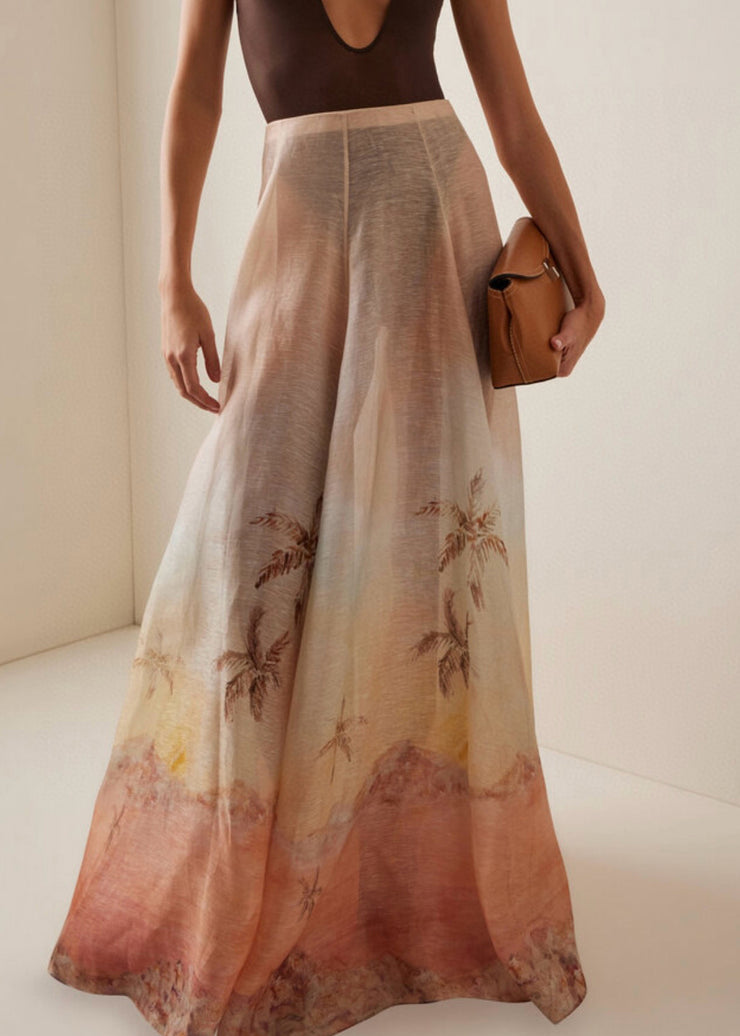 Boutique Print High Waist Linen Silk Maxi Skirts Summer
