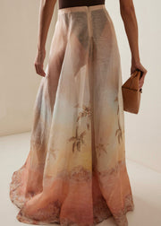 Boutique Print High Waist Linen Silk Maxi Skirts Summer
