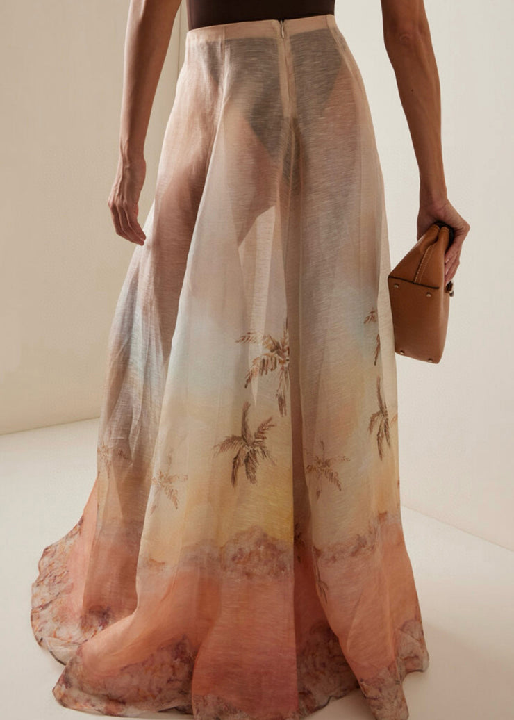 Boutique Print High Waist Linen Silk Maxi Skirts Summer