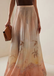 Boutique Print High Waist Linen Silk Maxi Skirts Summer