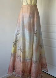 Boutique Print High Waist Linen Silk Maxi Skirts Summer