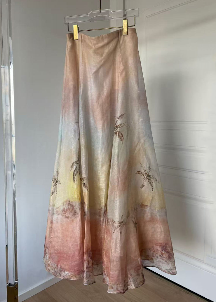 Boutique Print High Waist Linen Silk Maxi Skirts Summer