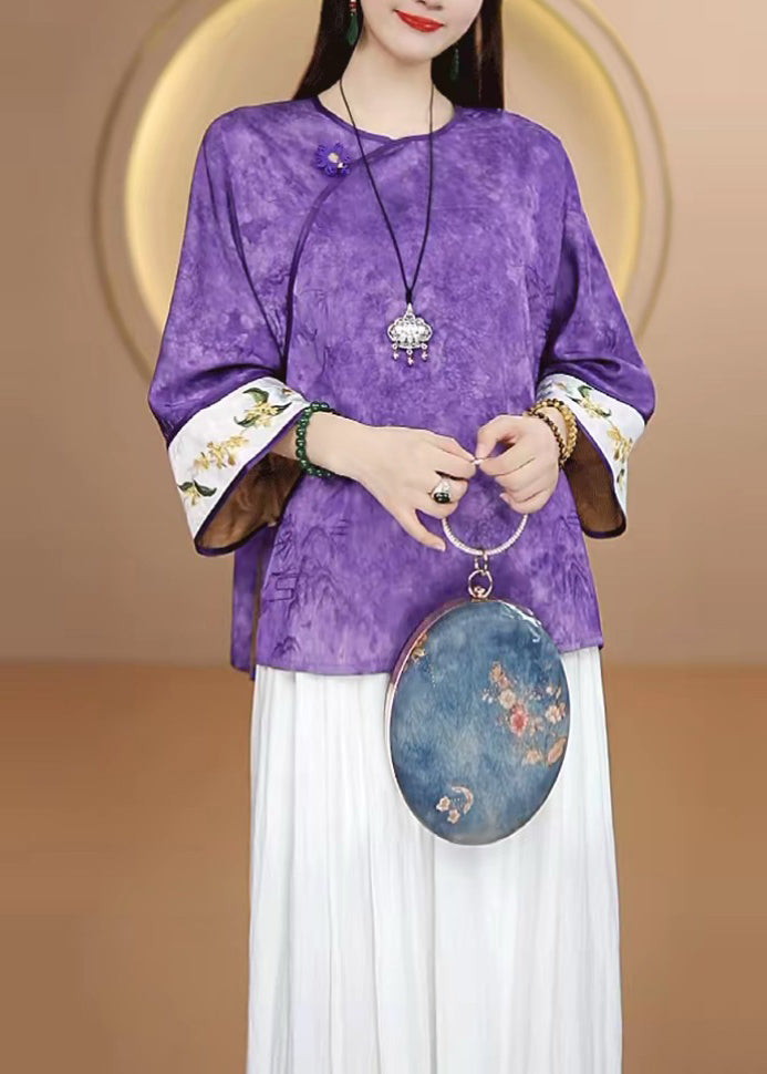 Boutique Purple O Neck Embroidered Patchwork Silk Blouses Fall