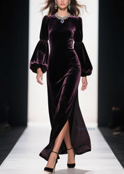 Boutique Purple Side Open Patchwork Velvet Ankle Dress Fall