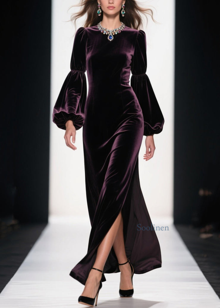 Boutique Purple Side Open Patchwork Velvet Ankle Dress Fall