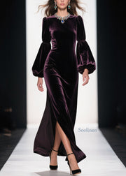 Boutique Purple Side Open Patchwork Velvet Ankle Dress Fall