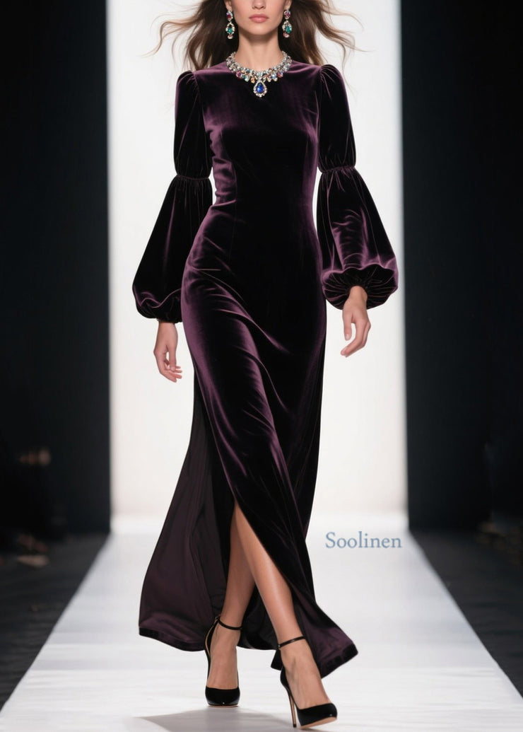 Boutique Purple Side Open Patchwork Velvet Ankle Dress Fall