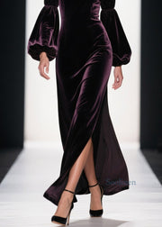 Boutique Purple Side Open Patchwork Velvet Ankle Dress Fall