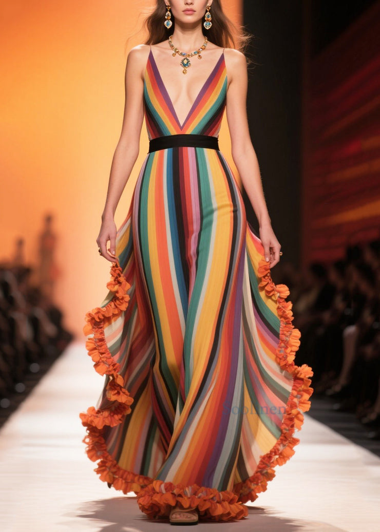 Boutique Rainbow Ruffled Striped Chiffon Vacation Dresses Summer