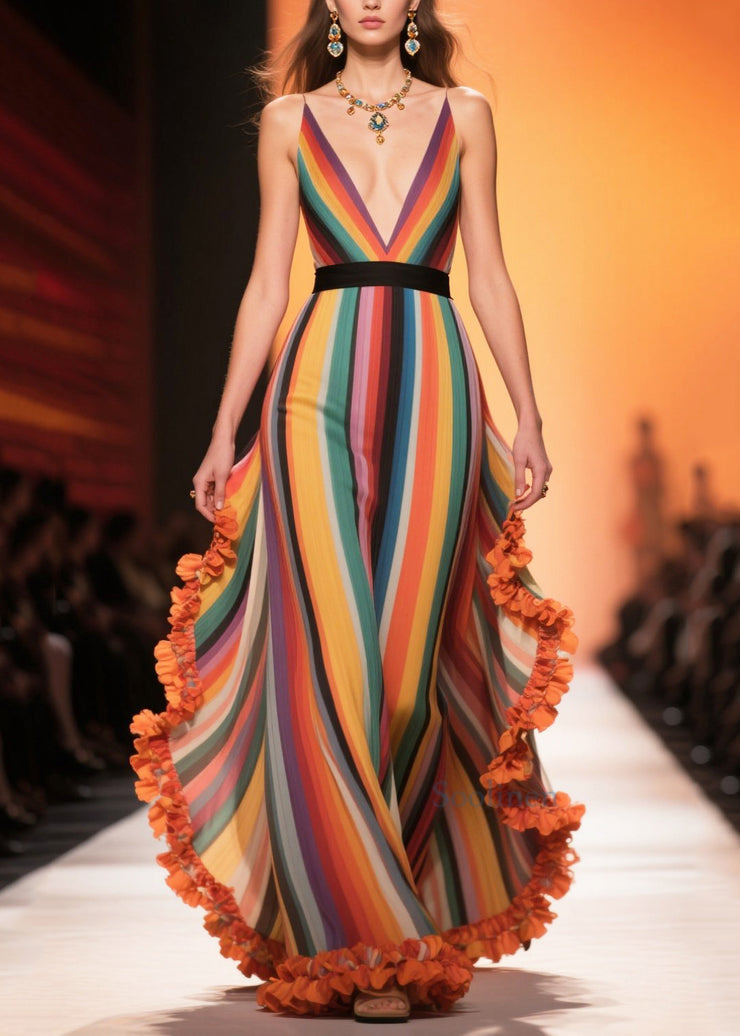 Boutique Rainbow Ruffled Striped Chiffon Vacation Dresses Summer