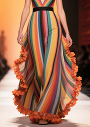 Boutique Rainbow Ruffled Striped Chiffon Vacation Dresses Summer