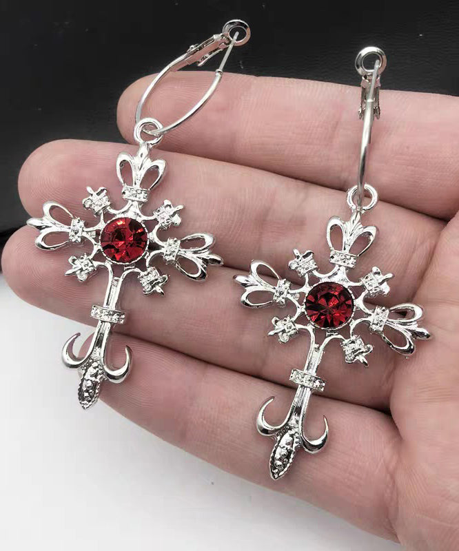 Boutique Red Alloy Crystal Cross Hollow Out Drop Earrings