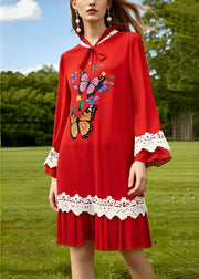 Boutique Red Butterfly Patchwork Lace Chiffon Work Dress Summer