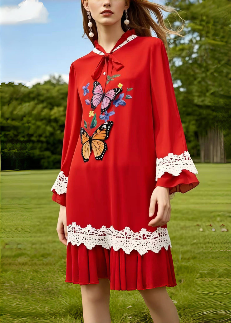 Boutique Red Butterfly Patchwork Lace Chiffon Work Dress Summer