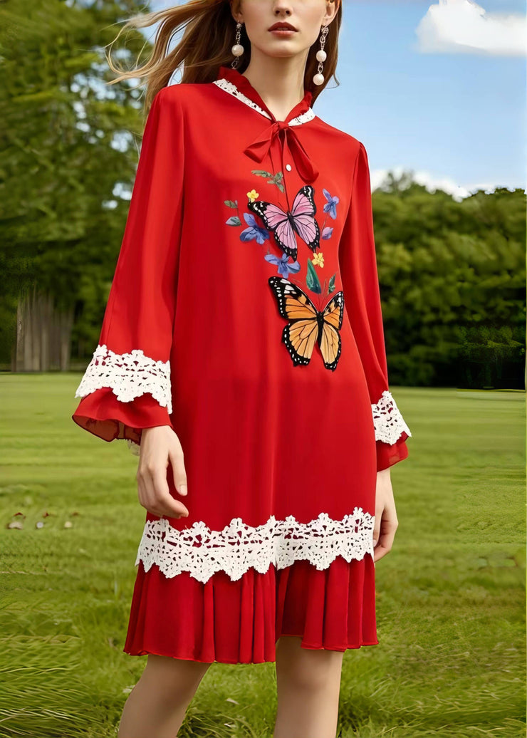 Boutique Red Butterfly Patchwork Lace Chiffon Work Dress Summer