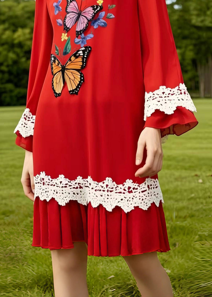 Boutique Red Butterfly Patchwork Lace Chiffon Work Dress Summer