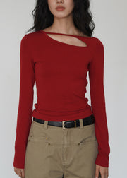 Boutique Red Hollow Out Cotton Tops Fall