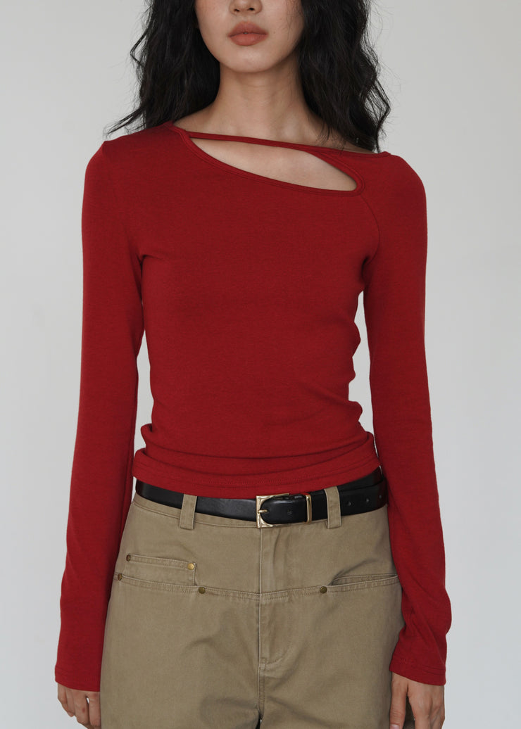 Boutique Red Hollow Out Cotton Tops Fall