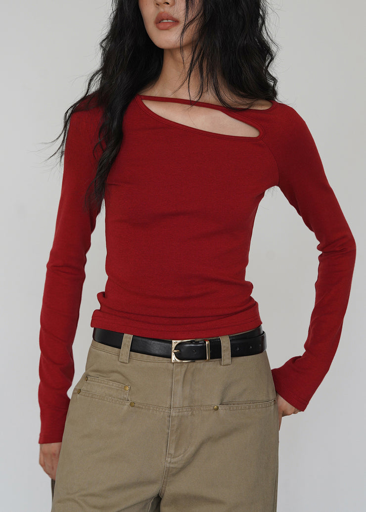 Boutique Red Hollow Out Cotton Tops Fall
