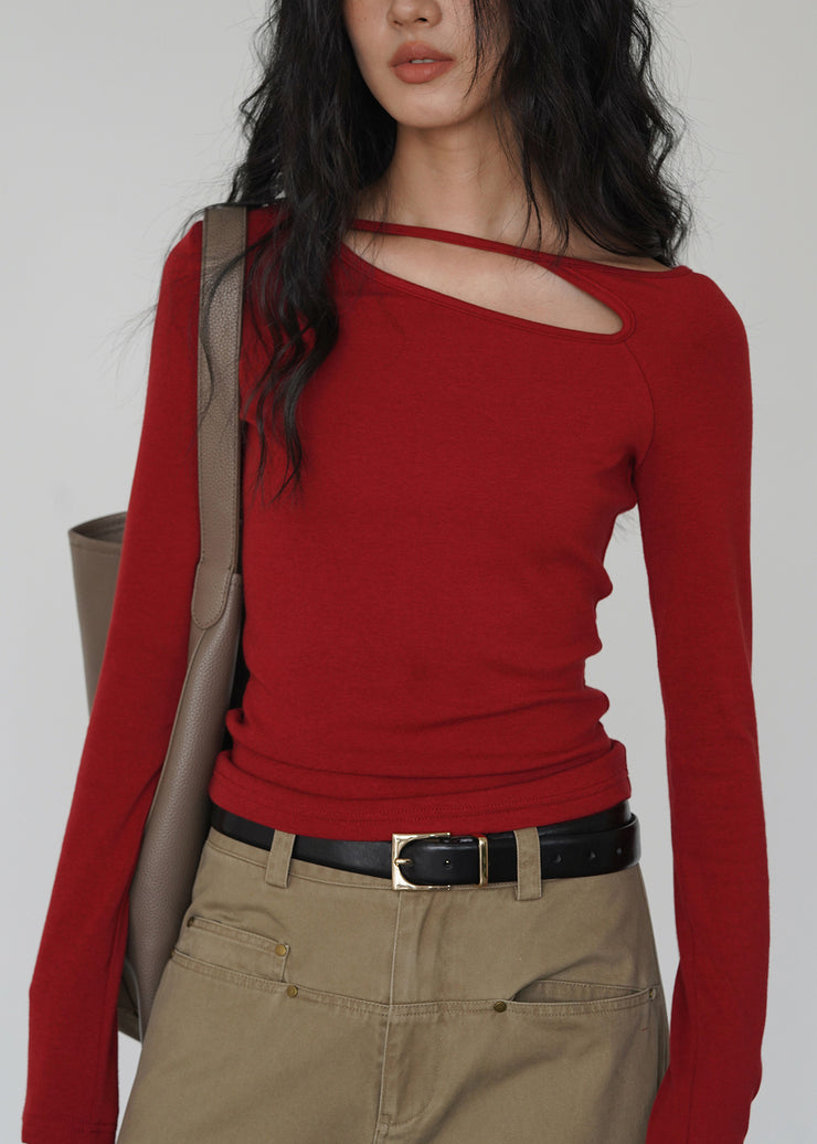Boutique Red Hollow Out Cotton Tops Fall