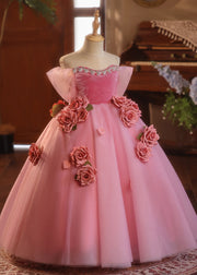 Boutique Red O-Neck Rose Patchwork Tulle Girls Long Dress Summer