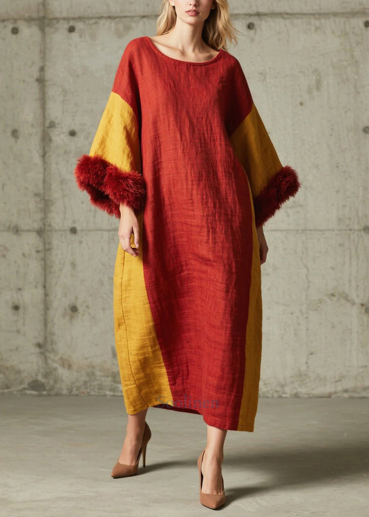 Boutique Red Oversized Patchwork Faux Fur Maxi Dresses Fall