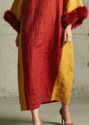Boutique Red Oversized Patchwork Faux Fur Maxi Dresses Fall