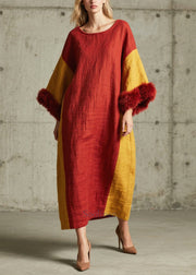 Boutique Red Oversized Patchwork Faux Fur Maxi Dresses Fall