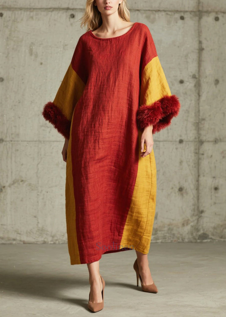 Boutique Red Oversized Patchwork Faux Fur Maxi Dresses Fall