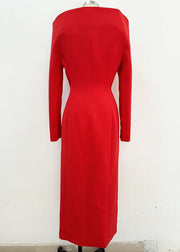 Boutique Red Slash Neck Double Breast Side Open Dress Fall