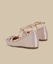 Boutique Rivet Splicing Wedge Shoes Pink Satin Bow
