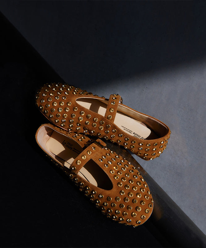 Boutique Rivet Zircon Splicing Flat Shoes Brown Suede