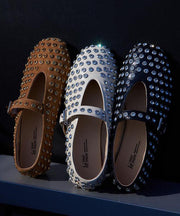 Boutique Rivet Zircon Splicing Flat Shoes Brown Suede