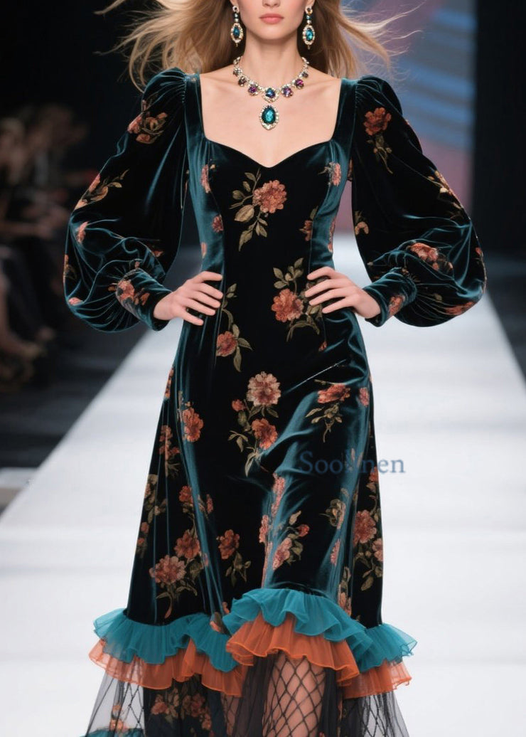 Boutique Ruffled Print Patchwork Velvet Dress Fall