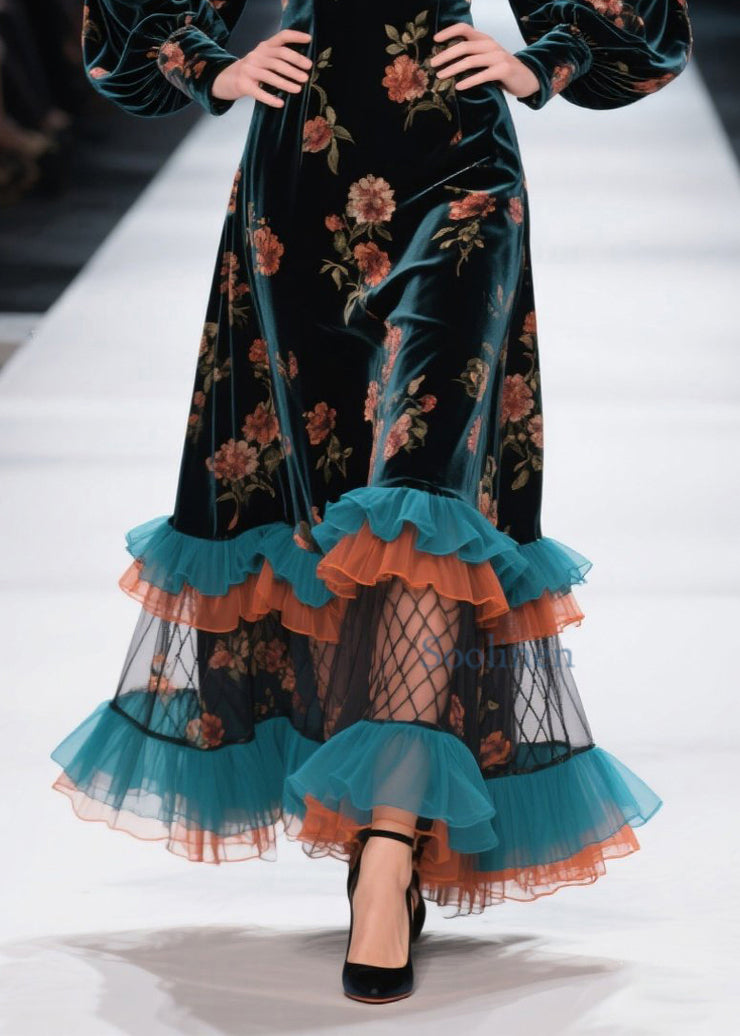 Boutique Ruffled Print Patchwork Velvet Dress Fall