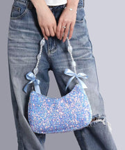 Boutique Sea Blue Sequins Bow Fuzzy Fur Fluffy Shoulder Bags