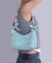 Boutique Sea Blue Sequins Bow Fuzzy Fur Fluffy Shoulder Bags