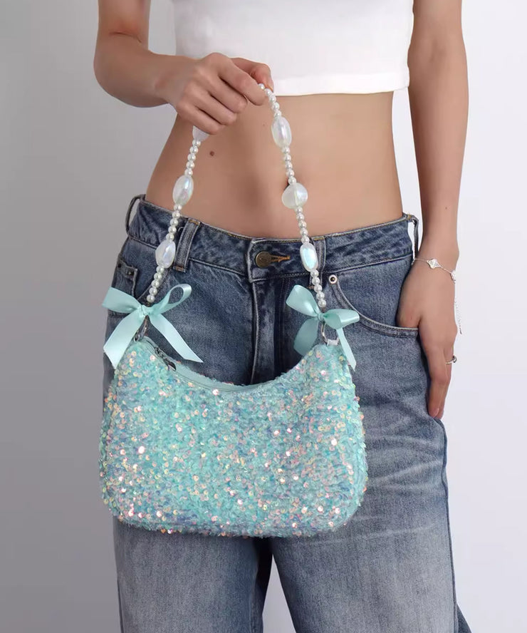 Boutique Sea Blue Sequins Bow Fuzzy Fur Fluffy Shoulder Bags