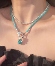 Boutique Silk Stainless Steel Turquoise Beading Cherry Blossoms Pendant Necklace