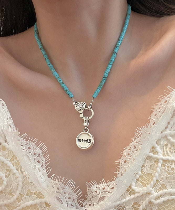Boutique Silk Stainless Steel Turquoise Beading Cherry Blossoms Pendant Necklace
