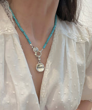 Boutique Silk Stainless Steel Turquoise Beading Cherry Blossoms Pendant Necklace