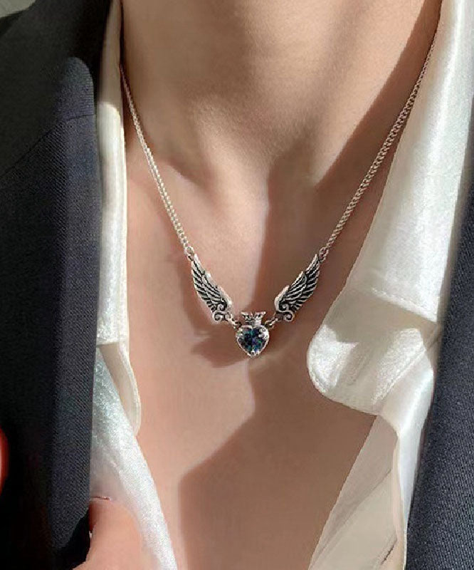 Boutique Silk Sterling Silver Crystal Love Crown Wings Pendant Necklace
