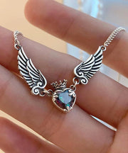 Boutique Silk Sterling Silver Crystal Love Crown Wings Pendant Necklace