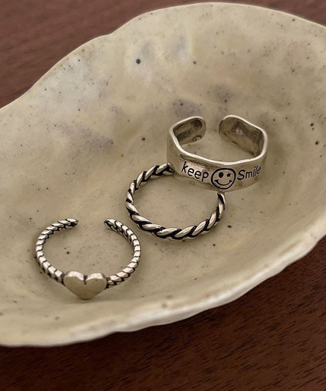 Boutique Silk Sterling Silver Love ,Smiling Face And Fried Dough Twists Rings Three-Piece Set