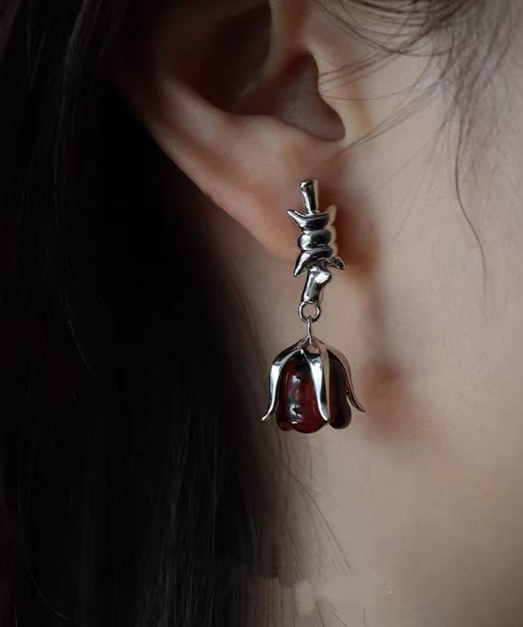 Boutique Silk Sterling Silver Rose Drop Earrings